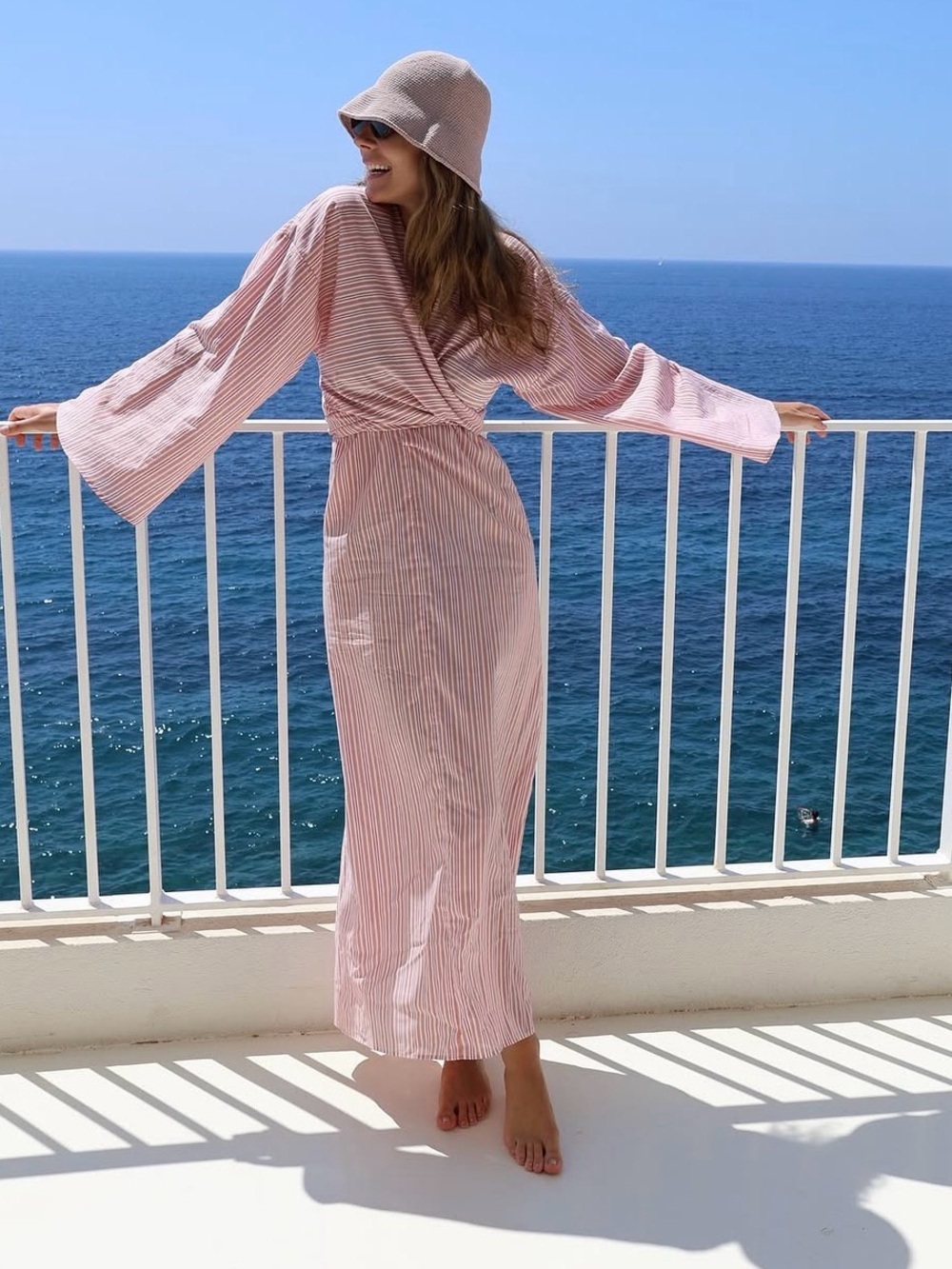 WIND Long Pink Striped Wrap Dress with Relaxed Sleeves